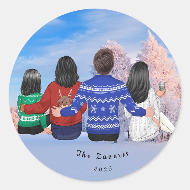 Personalized Christmas Family Mom Dad Daughters Classic Round Sticker (Front)