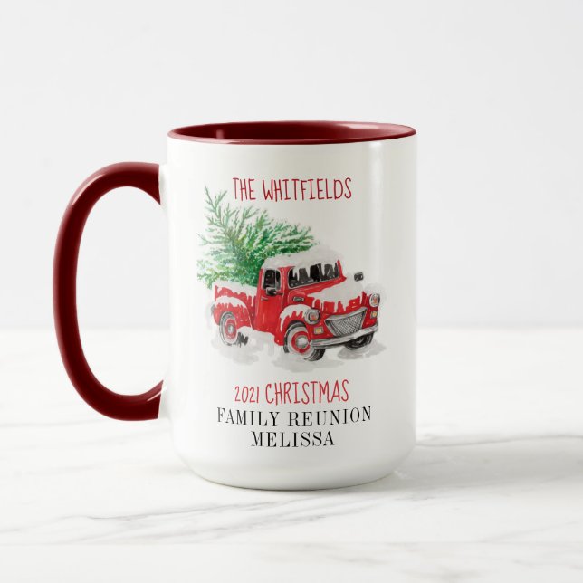 Personalized Christmas Family Reunion Red Truck Mug (Left)