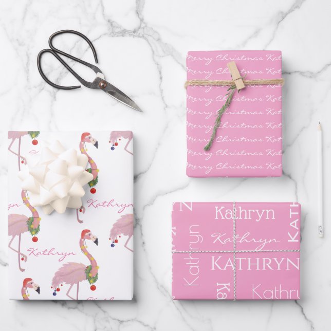 Personalized Christmas Flamingos Wrapping Paper Sheet (Front)