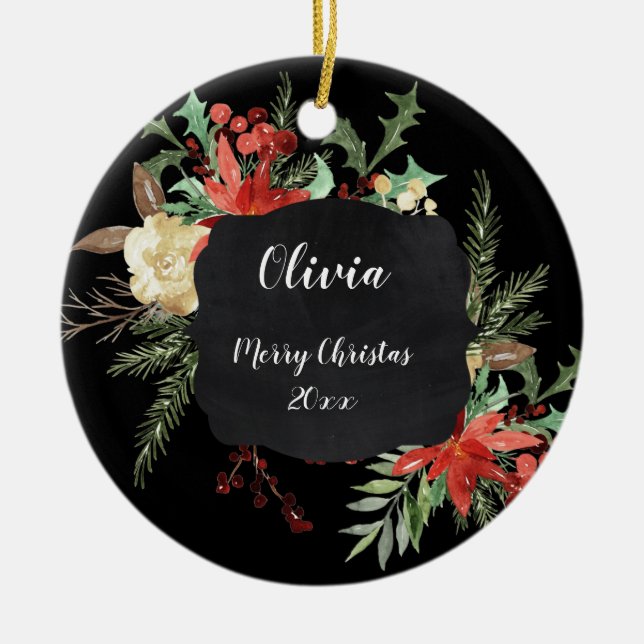 Personalized Christmas Floral Frame Black Ceramic Ornament (Front)