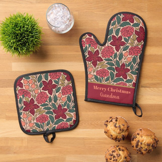 Personalized Christmas flowers Oven Mitt & Pot Ho Holder Set (Creator Uploaded)