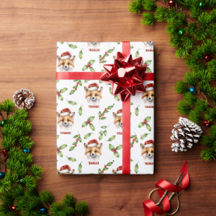 Personalized Christmas Fox and Holly Pattern Wrapping Paper