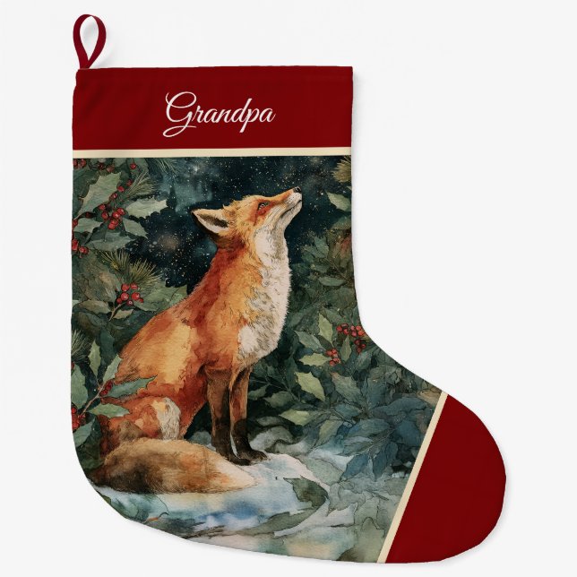 Personalized Christmas Fox Stocking, Festive Large Christmas Stocking (Front)