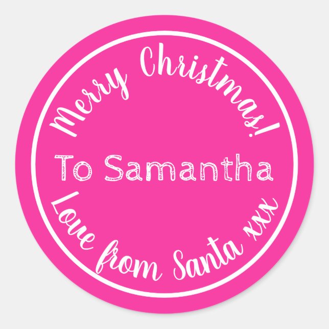 Personalized Christmas from Santa Hot Pink Classic Round Sticker (Front)