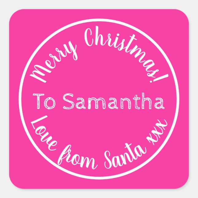 Personalized Christmas from Santa Hot Pink Square Sticker (Front)
