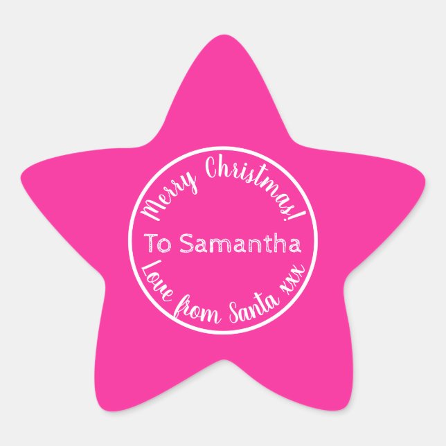 Personalized Christmas from Santa Hot Pink Star Sticker (Front)