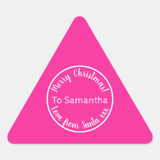Personalized Christmas from Santa Hot Pink Triangle Sticker (Front)