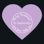 Personalized Christmas from Santa Purple Lilac Heart Sticker<br><div class="desc">Personalized Christmas design, - Cute typography design in trending purple / lilac with white stylish script typography. - It has the message “To Samantha Merry Christmas! Love from Santa xxx”. - To personalize, simply add your loved one's name by using the personalize this text box. Here you can also change...</div>