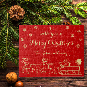 Personalized Christmas Gift Family Game Red Gold Jigsaw Puzzle