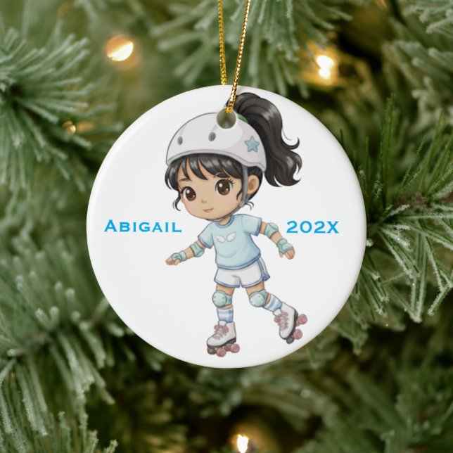 Personalized Christmas Girl Roller Skating Ceramic Ornament (Tree)