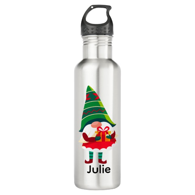 Personalized Christmas Gnome Holding a Gift Box 710 Ml Water Bottle (Front)