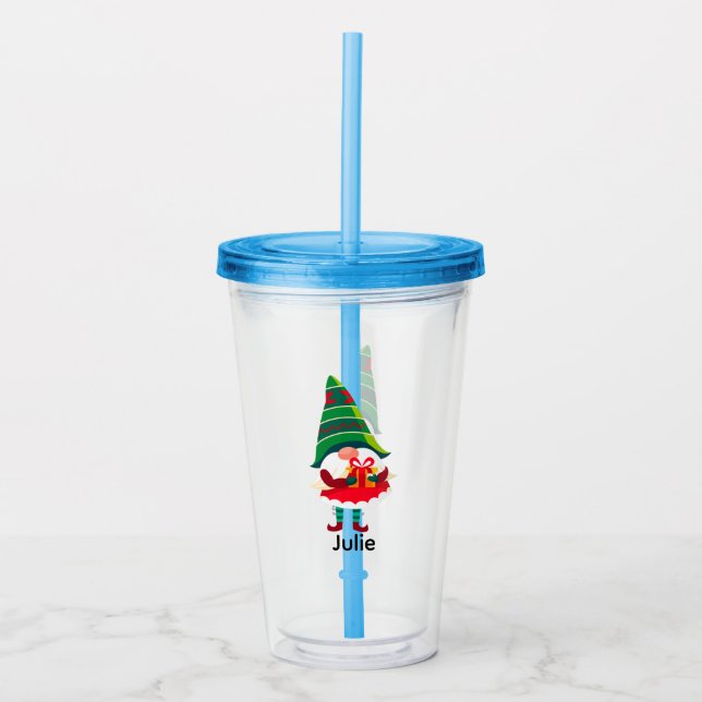 Personalized Christmas Gnome Holding a Gift Box Acrylic Tumbler (Front)