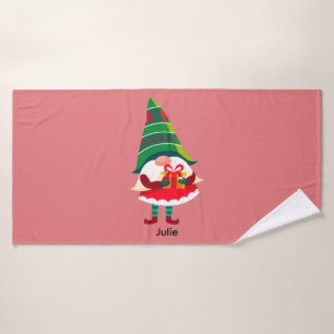 Personalized Christmas Gnome Holding a Gift Box Bath Towel
