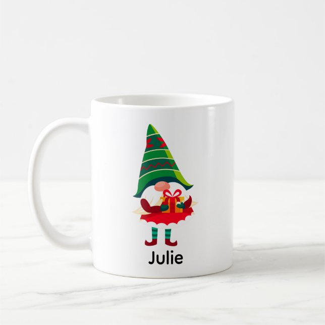 Personalized Christmas Gnome Holding a Gift Box Coffee Mug (Left)