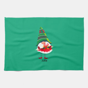 Personalized Christmas Gnome Holding a Gift Box Kitchen Towel