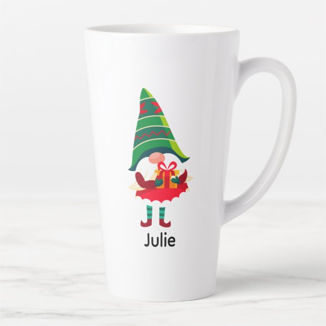Personalized Christmas Gnome Holding a Gift Box Latte Mug (Right)