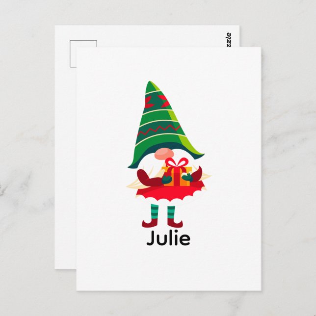 Personalized Christmas Gnome Holding a Gift Box Postcard (Front/Back)