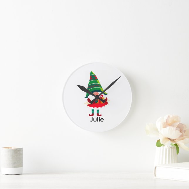 Personalized Christmas Gnome Holding a Gift Box Round Clock (Home)