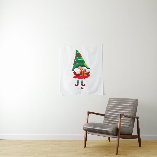 Personalized Christmas Gnome Holding a Gift Box Tapestry (In Situ)