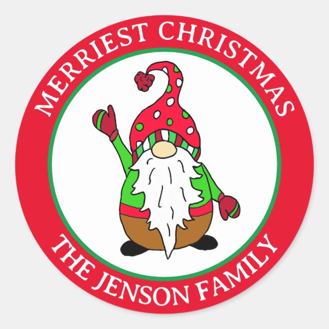 Personalized Christmas Gnome Merriest Christmas   Classic Round Sticker (Front)