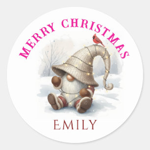Personalized Christmas Gnome Watercolor Classic Round Sticker