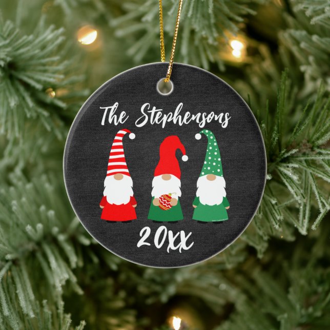 Personalized Christmas Gnomes Cute Family Holiday Ceramic Ornament (Tree)