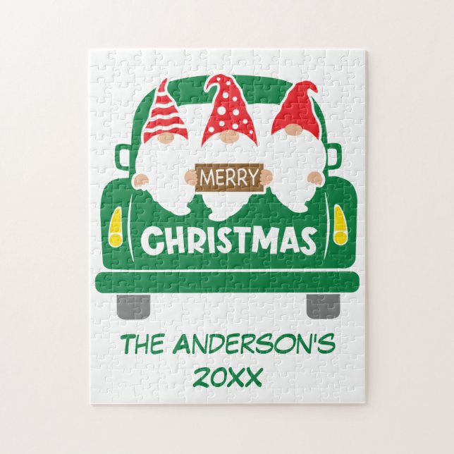 Personalized Christmas Gnomes in Truck Red Green Jigsaw Puzzle (Vertical)