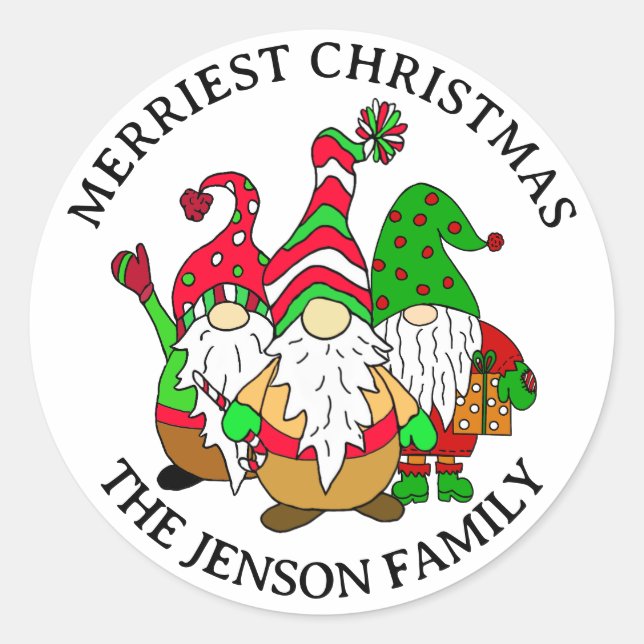 Personalized Christmas Gnomes Merriest Christmas   Classic Round Sticker (Front)