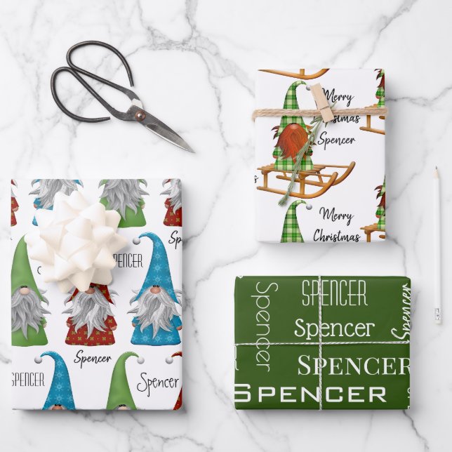 Personalized Christmas Gnomes Wrapping Paper Sheet (Front)
