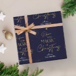 Personalized Christmas Gold Calligraphy Name Navy Wrapping Paper<br><div class="desc">Complete your Christmas gifts with a personalised elegant Christmas wrapping paper. This luxurious dark blue and gold Holiday Gift Wrapping Paper includes gold effect calligraphy Christmas Tree design,  gold glitter with modern script font with a space for your family name.</div>