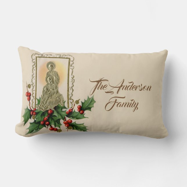 Personalized Christmas Gold Nativity Vintage Holly Lumbar Pillow (Front)