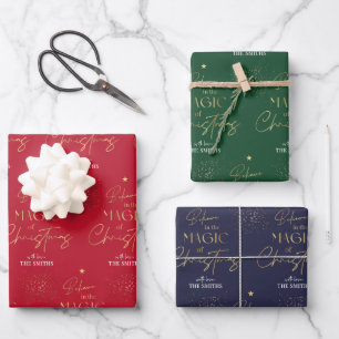 Personalized Christmas Gold Script Red Green Blue Wrapping Paper Sheet