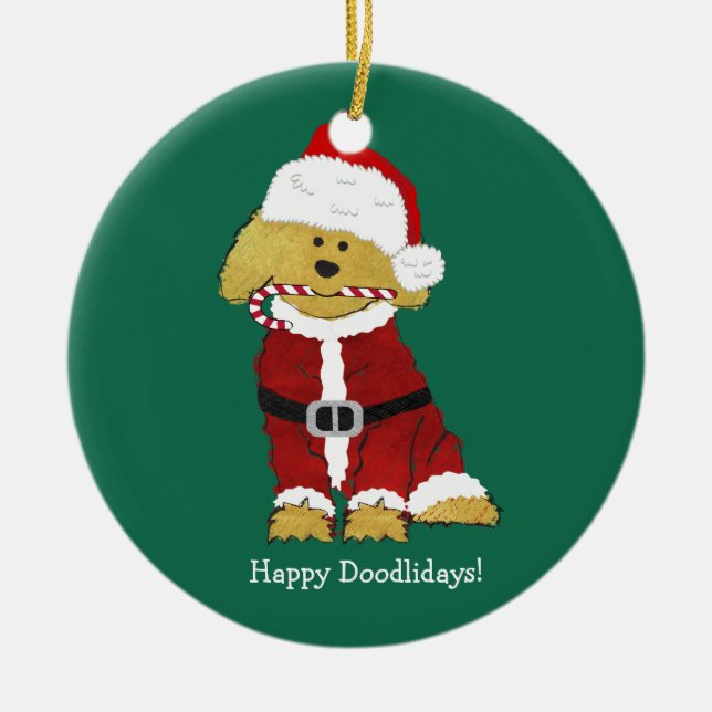 Personalized Christmas Goldendoodle Santa Claus Ceramic Ornament (Front)