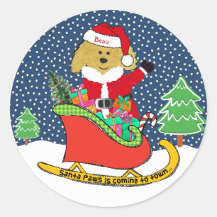 Personalized Christmas GoldenDoodle Santa Sleigh Classic Round Sticker