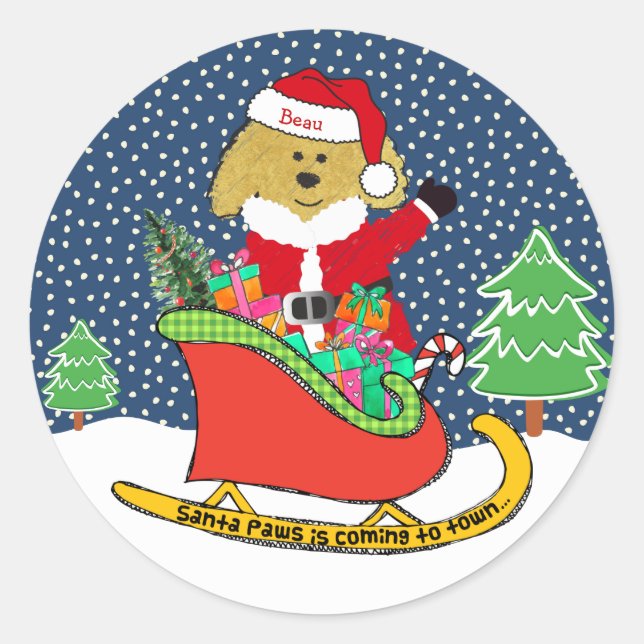Personalized Christmas GoldenDoodle Santa Sleigh Classic Round Sticker (Front)