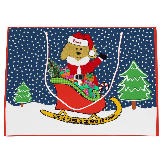 Personalized Christmas GoldenDoodle Santa Sleigh Large Gift Bag (Front)