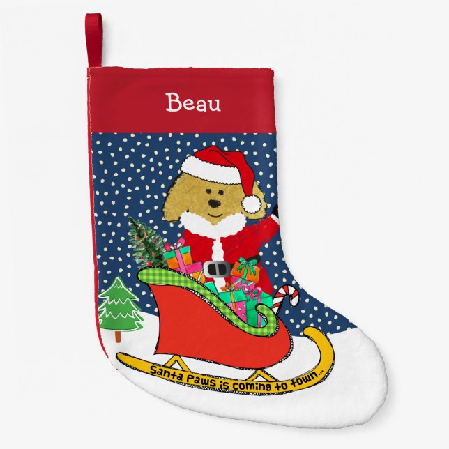 Personalized Christmas GoldenDoodle Santa Sleigh Small Christmas Stocking (Front)