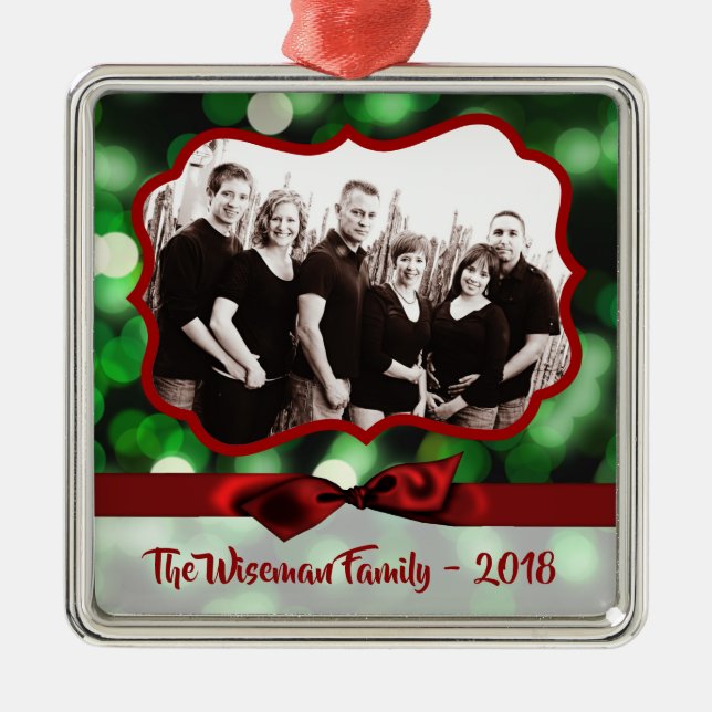 Personalized Christmas Green Bokeh PHOTO Ornament (Front)