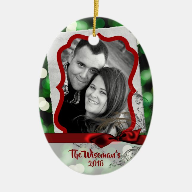 Personalized Christmas Green Bokeh PHOTO Ornament (Front)