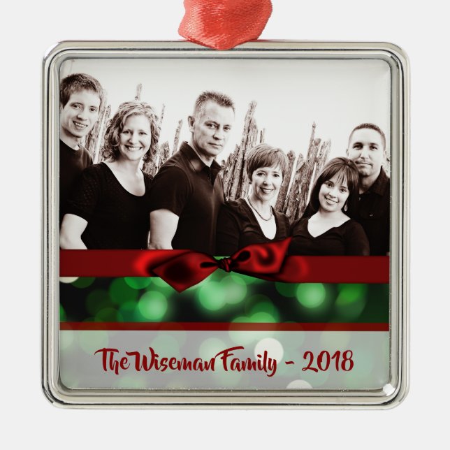 Personalized Christmas Green Bokeh PHOTO Ornament (Front)