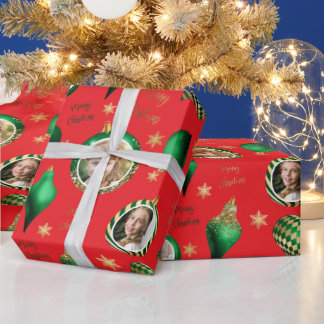 Personalized Christmas Green Gold Photo Ornament Wrapping Paper
