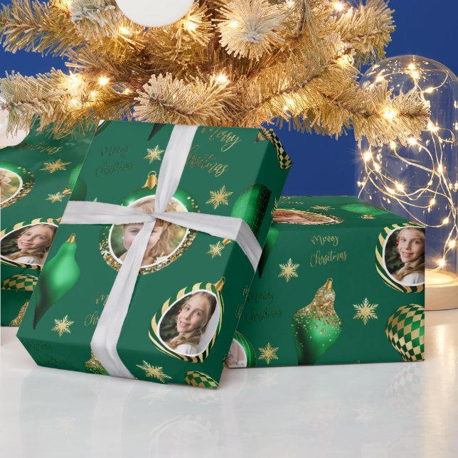 Personalized Christmas Green Gold Photo Ornament Wrapping Paper (Holidays)