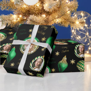 Personalized Christmas Green Gold Photo Ornament Wrapping Paper