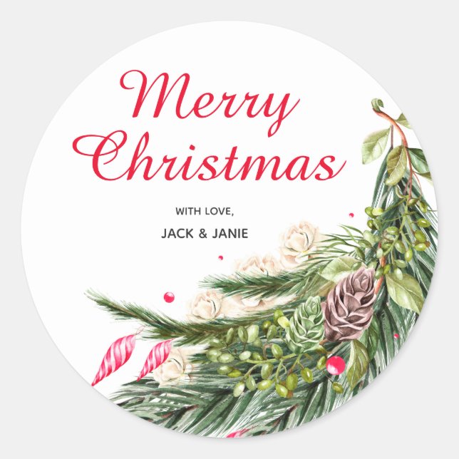 Personalized Christmas Greenery Classic Round Sticker (Front)