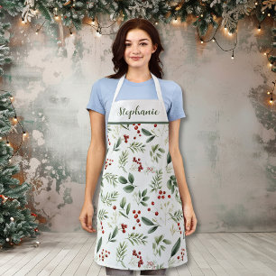 Personalized Christmas Greenery & Red Berries Apron