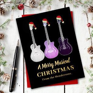 Personalized Christmas Guitar Black & Gold Foil Holiday Postcard