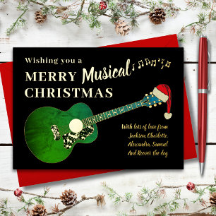 Personalized Christmas Guitar & Santa Hat Gold Foil Holiday Card