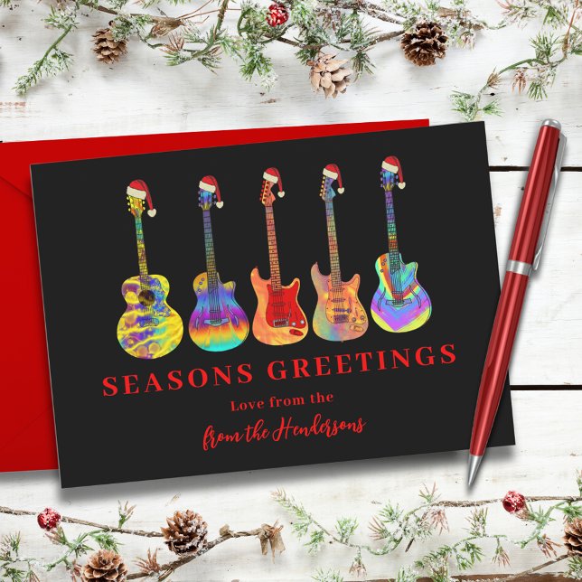 Personalized Christmas Guitars Seasons Greetings Holiday Card (Cool music seasons greetings colorful guitars wearing Santa hats red and black holidays card)