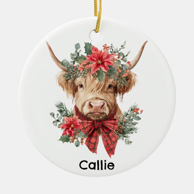 Personalized Christmas Highland Cow Ceramic Ornament (Front)