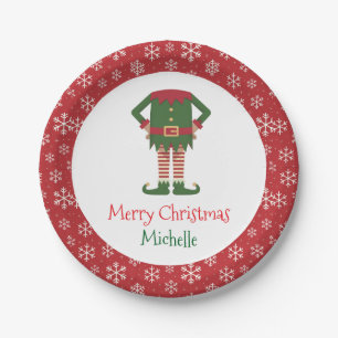 Personalized Christmas Holiday Elf Feet Snowflakes Paper Plate